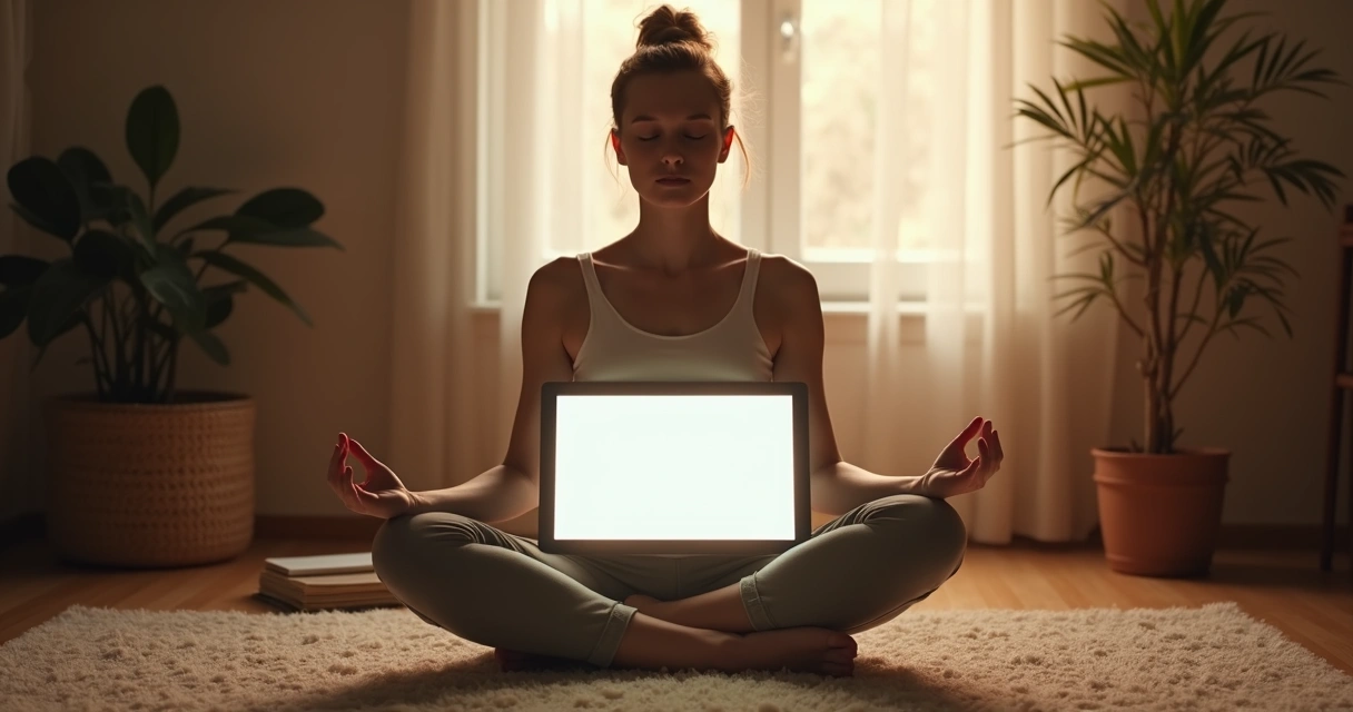Pessoa sentada em posição de meditação, com luz clara de tela refletindo, ambiente aconchegante