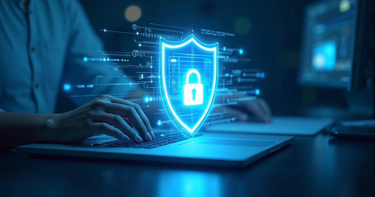 Contrato digital protegido por escudo digital com fundo azul 