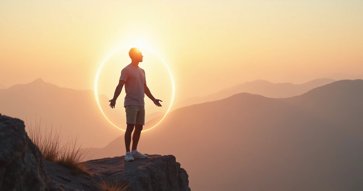 Pessoa em pé no topo de uma montanha cercada por um campo de luz suave em volta do corpo 