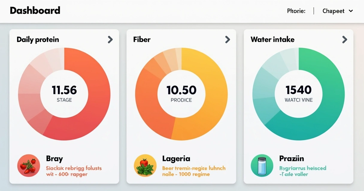 Nutrition app screen with protein, fiber, and hydration progress bars 