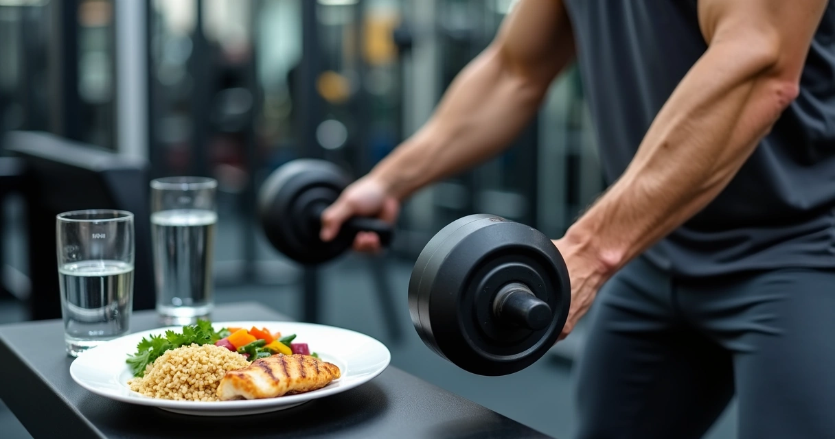 Jovem treinando musculação em academia com destaque para prato equilibrado com proteínas e carboidratos 