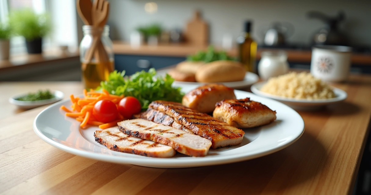 Prato com carnes variadas econômicas acompanhado de salada colorida 