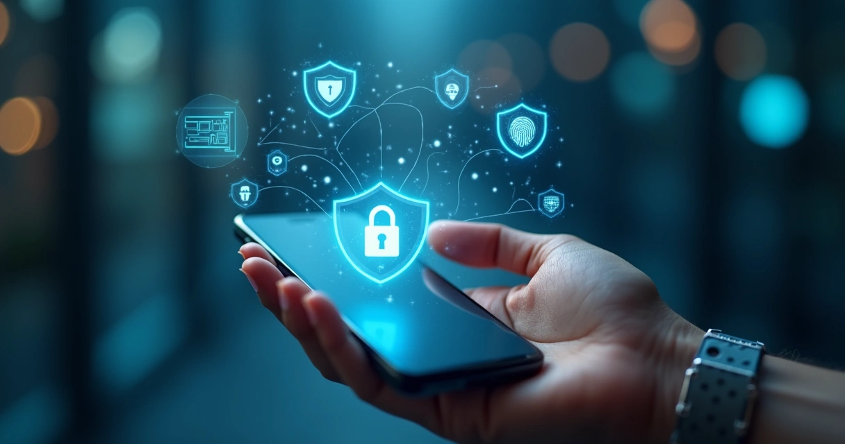 Celular moderno na mão de uma pessoa com cadeado digital e ícones de segurança ao redor 