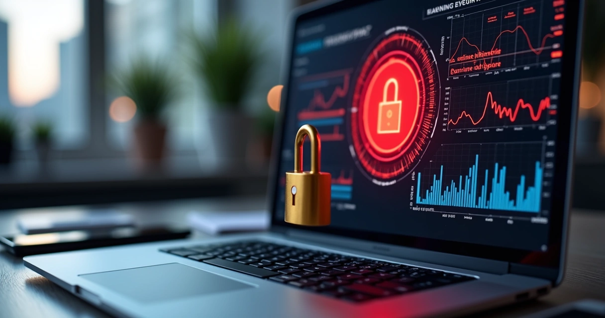 Computador exibindo alerta de segurança contra fraude online com gráficos de monitoramento em fundo escuro e cadeado digital 