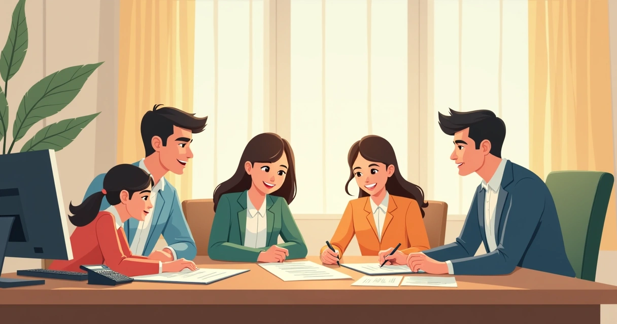 Família ao redor de consultor mostrando papéis, todos atentos e calmos 