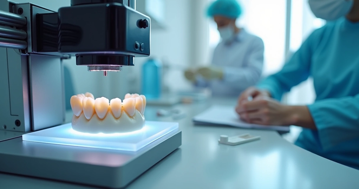 Prótese dentária sendo impressa em 3D em consultório odontológico 