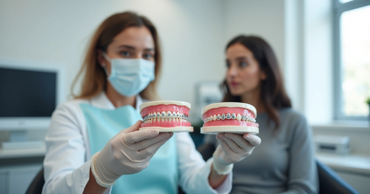 Dentista mostrando em um modelo bucal a diferença entre prótese fixa e removível a uma paciente 