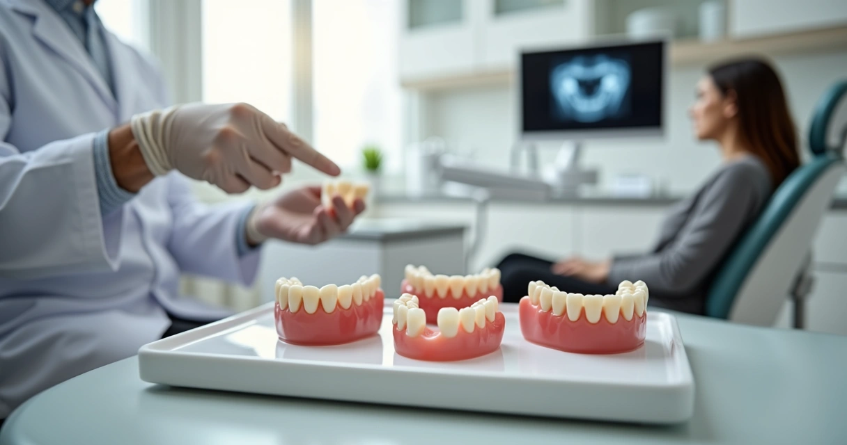 Dentista mostrando diferentes tipos de próteses dentárias removíveis para uma paciente 