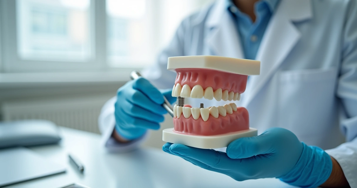 Modelo dental com implante e prótese em consultório