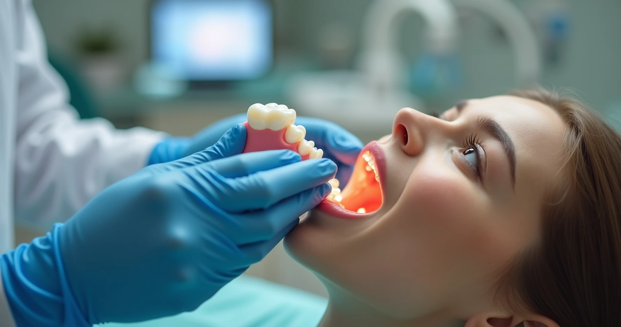 Dentista segura coroa de prótese fixa ao lado de boca aberta em consultório 