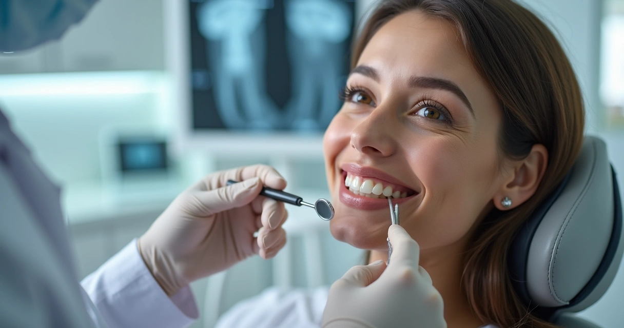 Dentista mostrando prótese fixa em boca saudável durante consulta odontológica 
