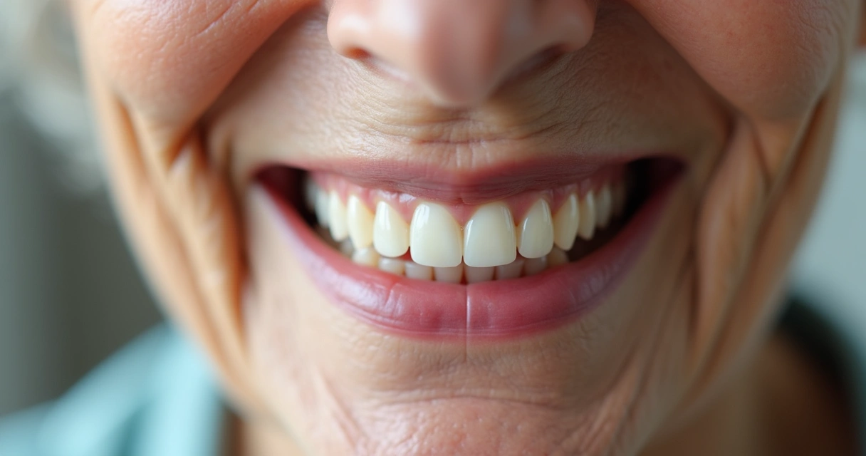 Prótese flexível adaptada na boca de uma idosa, mostrando a adaptação natural e discreta 