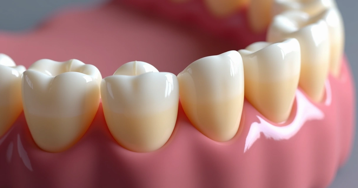 Prótese dentária flexível instalada em boca com dentes naturais ao fundo. 