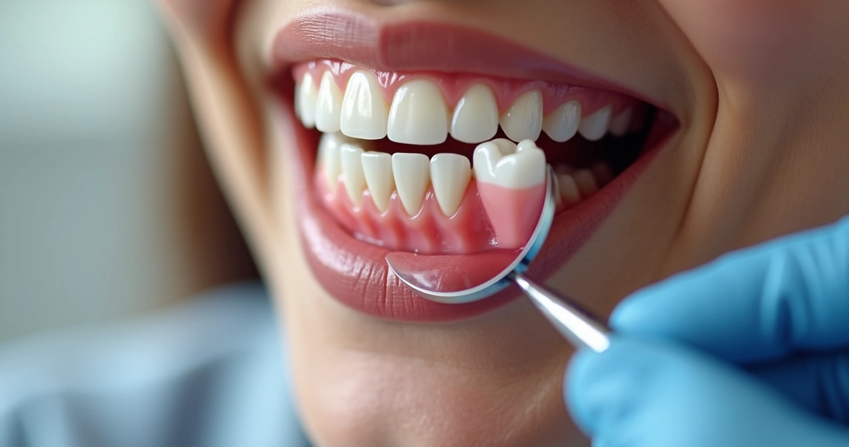 Sorriso mostrando prótese flexível com gengiva e dentes naturais ao redor