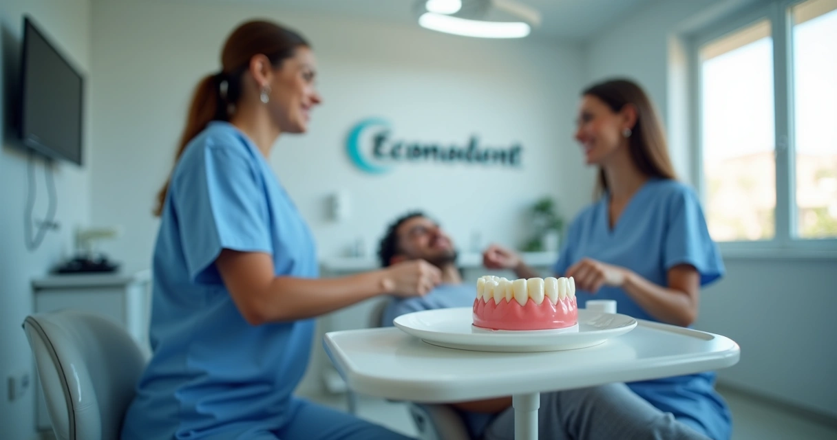 Ambiente interno de consultório odontológico moderno, com prótese flexível sobre uma bandeja, profissionais atenciosos e paciente sorrindo, em Santana de Parnaíba 