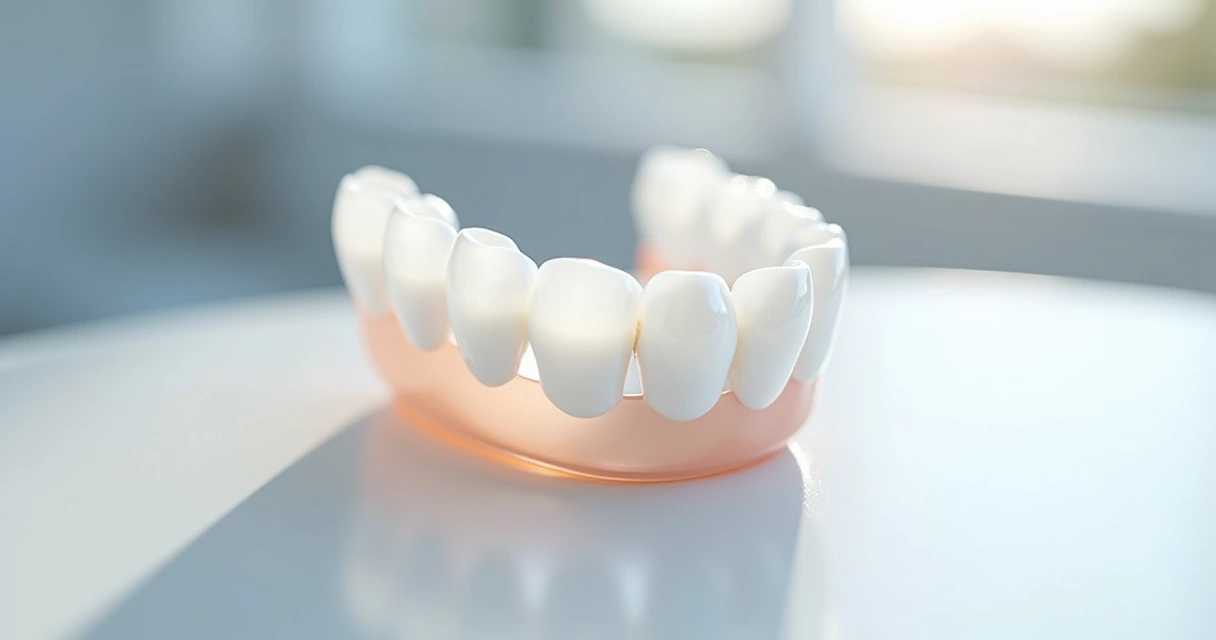 Prótese flexível dental translúcida sobre fundo branco, destacando sua leveza e adaptação natural 