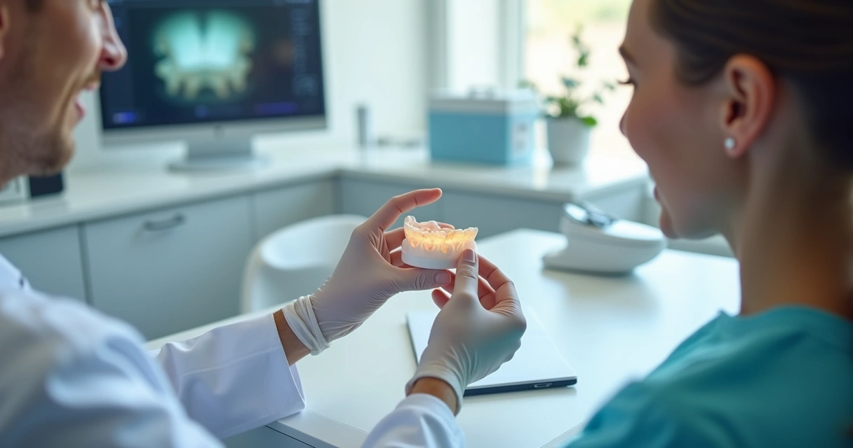Dentista mostra prótese flexível para paciente em consultório 