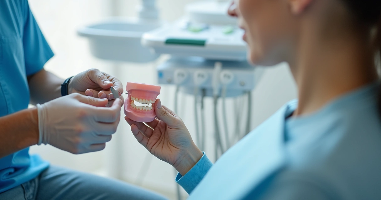 Dentista mostrando prótese flexível para paciente em clínica moderna