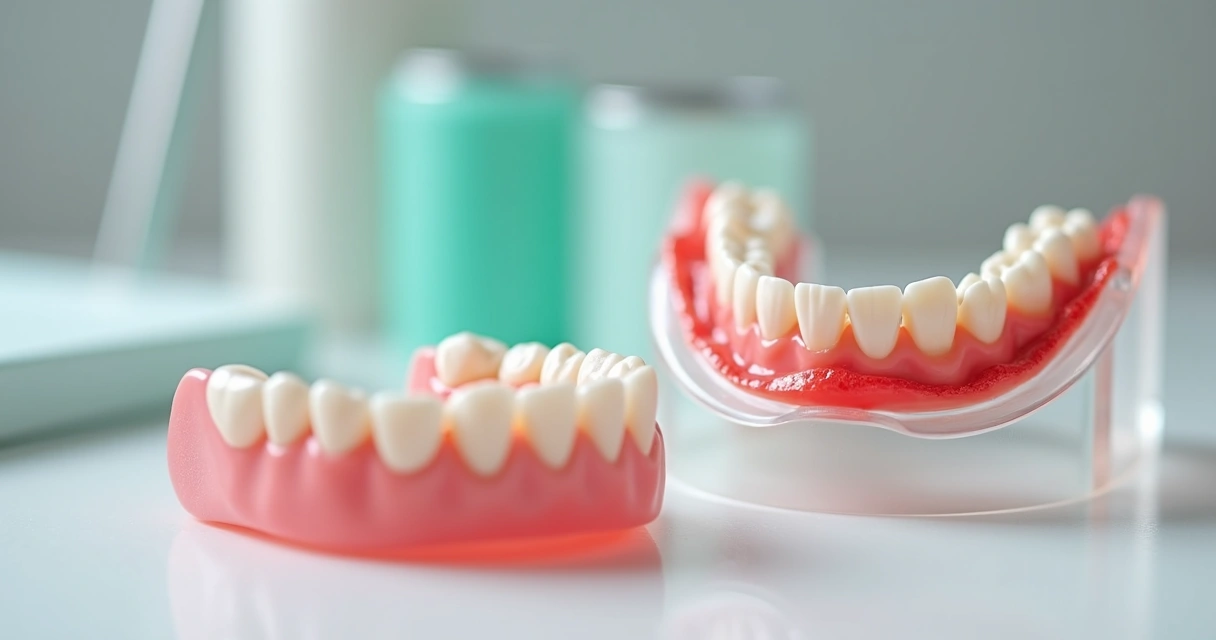 Prótese flexível rosa-clara ao lado de mandíbula de modelo mostrando gengiva sensível 