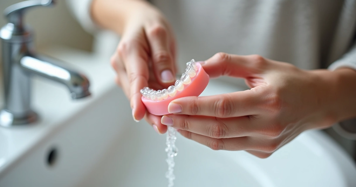 Pessoa lavando prótese flexível com escova de cerdas macias e água corrente
