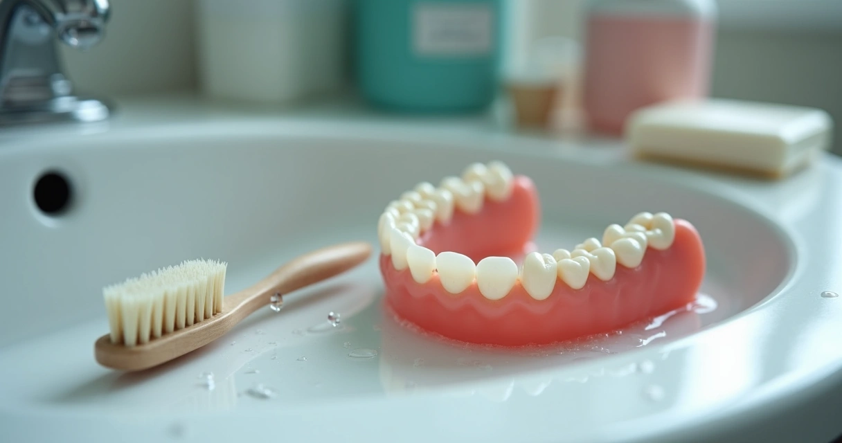 Prótese flexível manchada próxima de escova e sabão ao lado de lavabo 