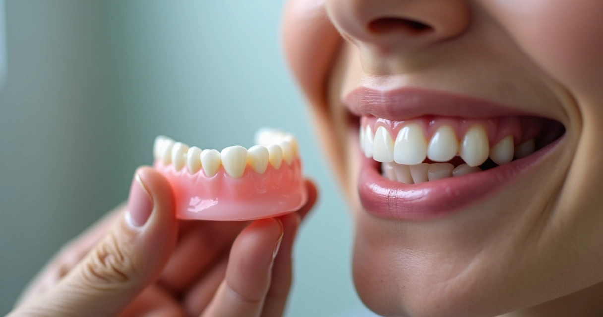 Pessoa sorrindo segurando uma prótese flexível próximo à boca, mostrando gengiva e dentes naturais com harmonia 