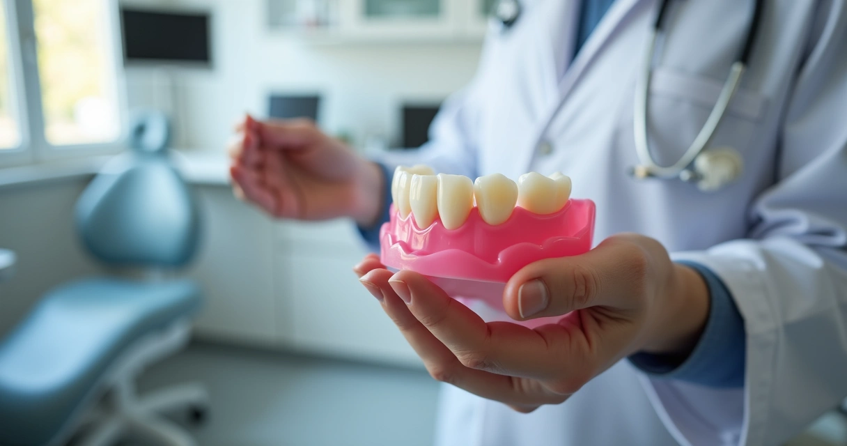 Dentista segurando prótese flexível removível, consultório odontológico ao fundo