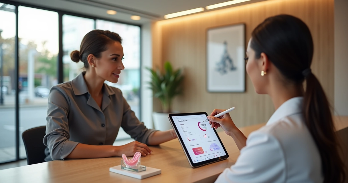 Recepção de clínica odontológica moderna com atendente mostrando valor de prótese flexível em tablet a paciente 