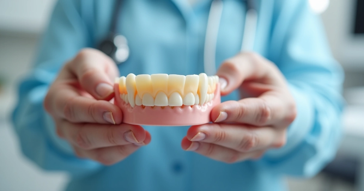 Detalhe de uma prótese flexível de resina termoplástica em mãos 