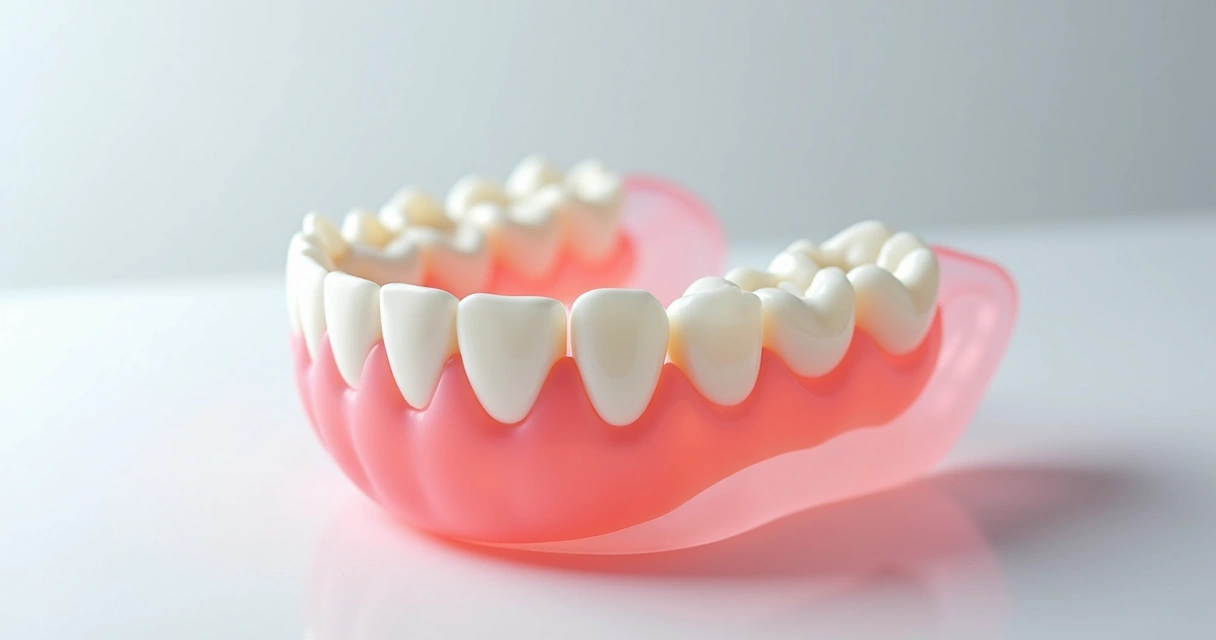 Prótese dentária flexível translucida sobre superfície branca 