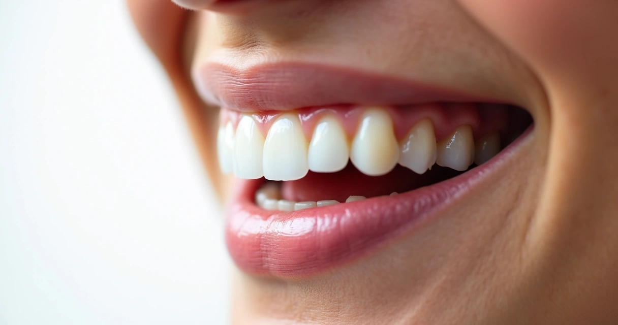 Pessoa sorrindo mostrando prótese flexível quase imperceptível, com destaque para gengiva saudável