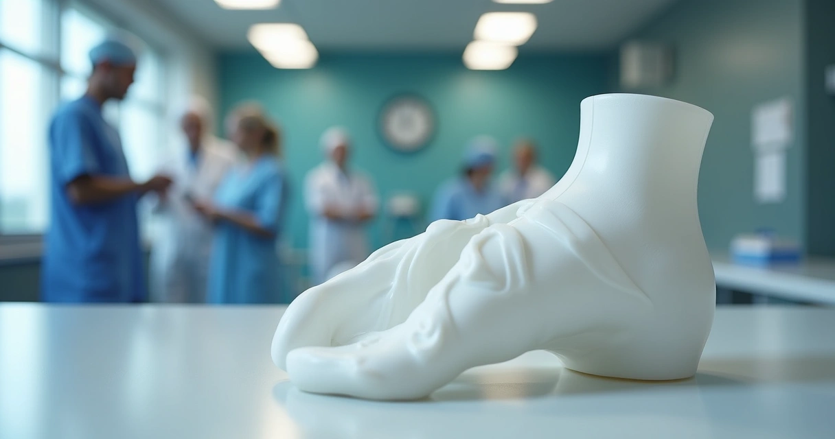 Prótese médica impressa em 3D sobre bancada de hospital. 