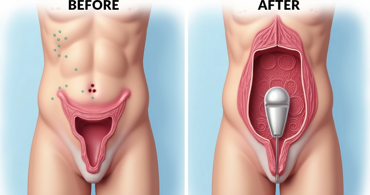 Comparativo antes e depois da cirurgia de prótese peniana em ilustração médica.