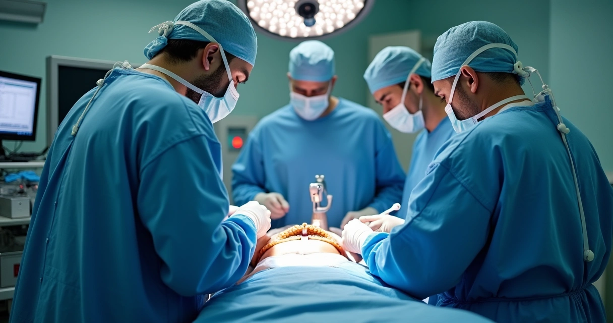 Equipe médica realiza cirurgia de prótese peniana em sala de operação 