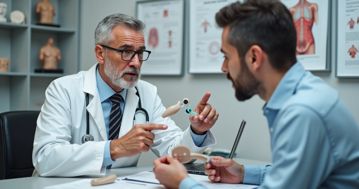 Médico urologista mostrando exemplar de prótese peniana inflável e maleável ao paciente em consulta 