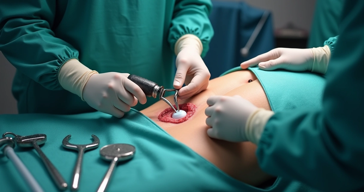 Implante da prótese peniana durante cirurgia, equipe médica, foco no pênis e nas mãos do cirurgião 