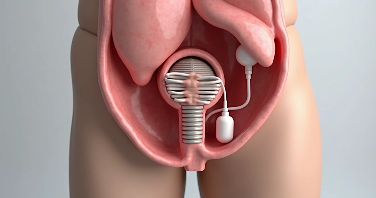 Detalhe de uma prótese peniana inflável instalada com bomba no escroto 