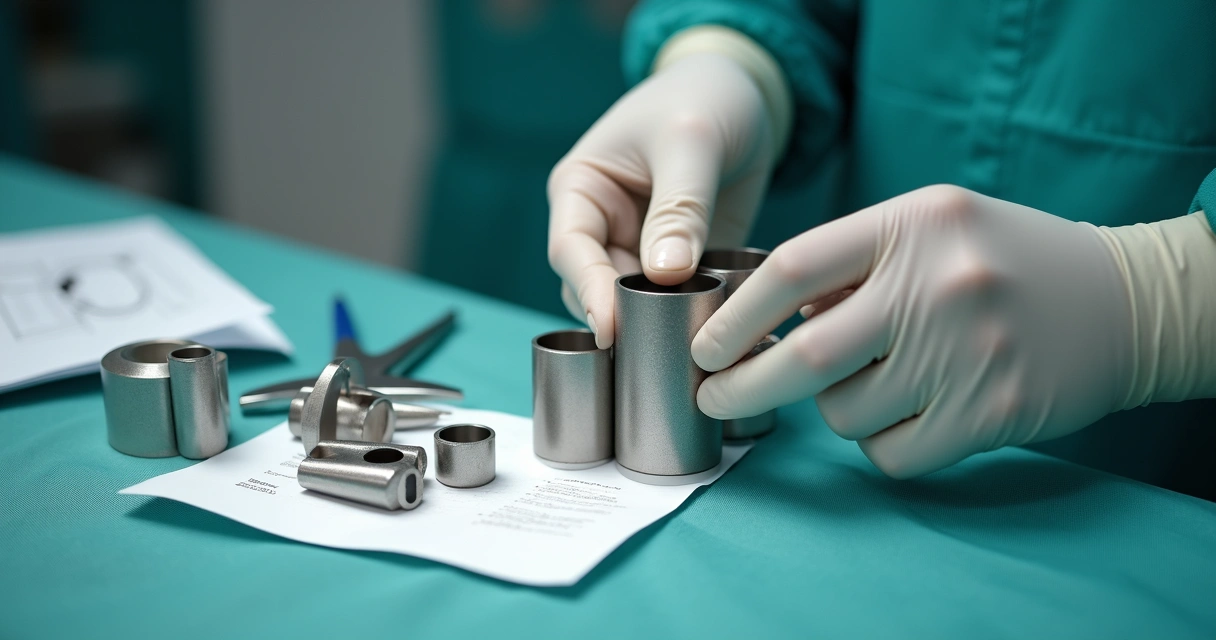 Médico medindo comprimento e diâmetro de prótese peniana com instrumentos cirúrgicos