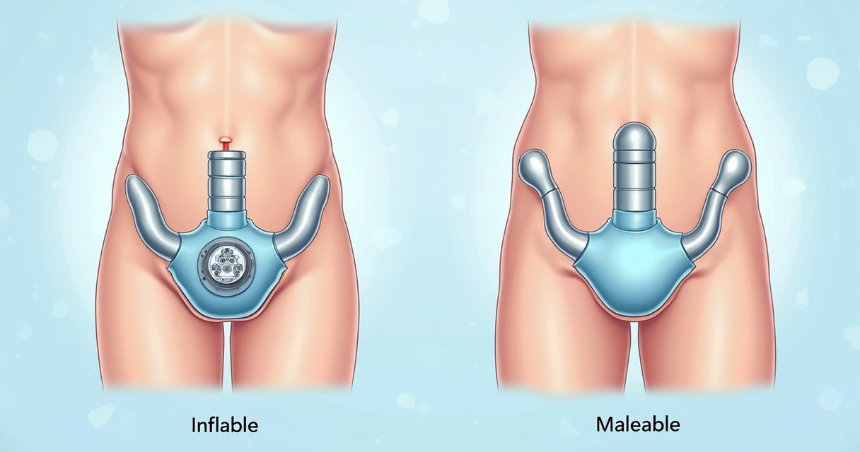 Ilustração comparativa dos tipos de prótese peniana inflável e maleável 