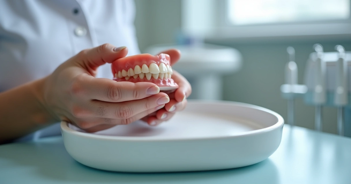 Paciente segurando prótese removível sobre bandeja branca no consultório odontológico 