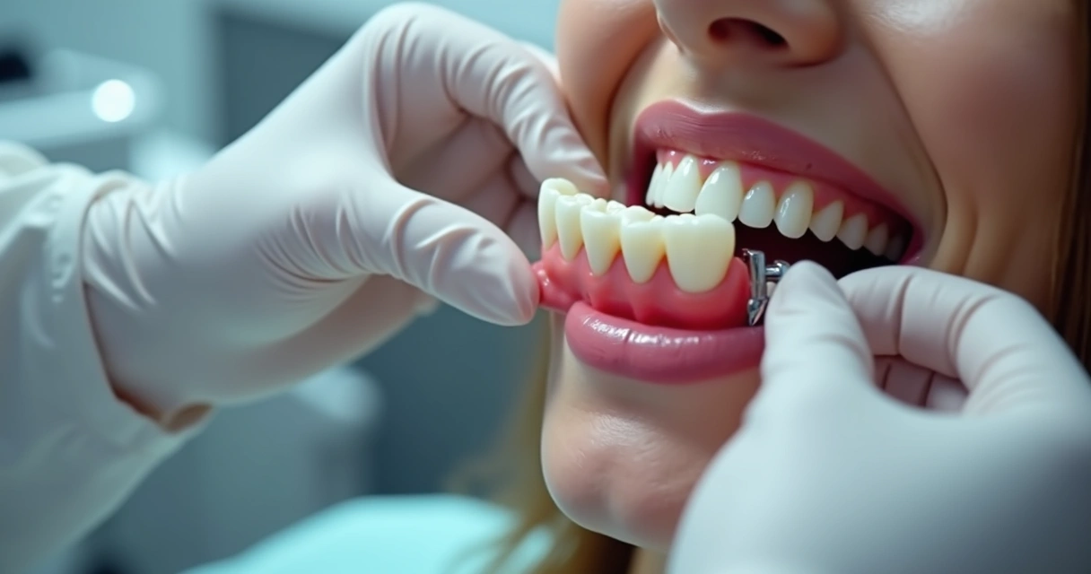 Protese dentária sobre implante sendo ajustada por dentista em consultório moderno com equipamentos tecnológicos 