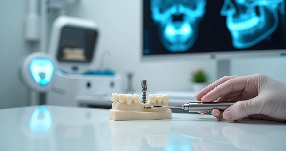 Vista detalhada de prótese sobre implante sendo ajustada com instrumentos em consultório moderno 
