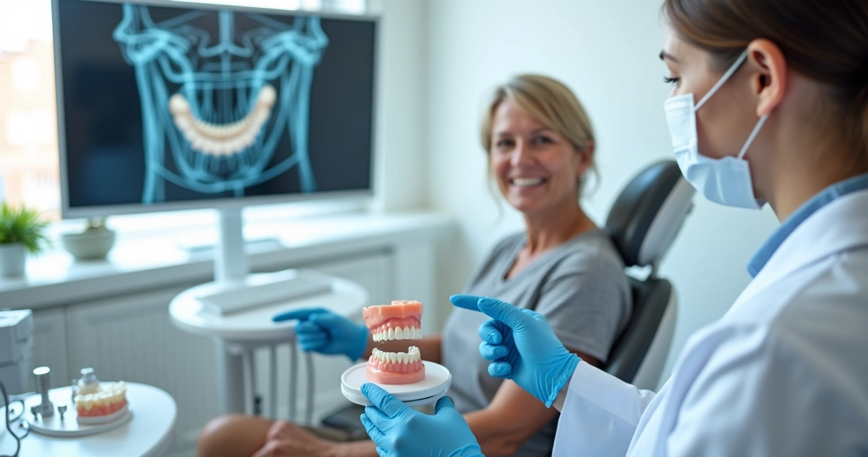 Dentista mostrando prótese total para paciente sorridente em consultório moderno 