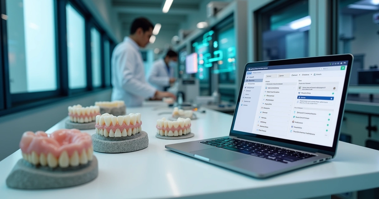 Laboratório odontológico com próteses e tela mostrando integração digital com clínica 