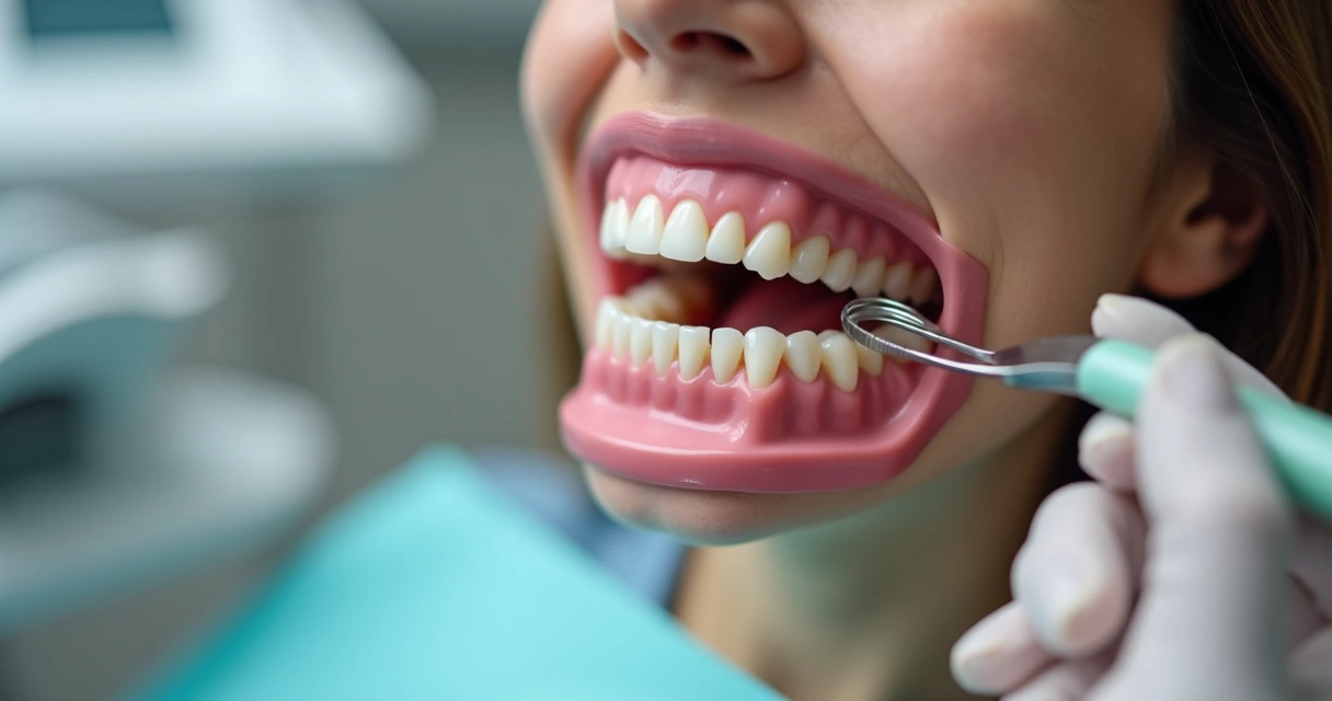 Close-up de uma prótese protocolo instalada em uma boca real, mostrando dentes fixos e gengiva rosada, vista em ângulo levemente lateral