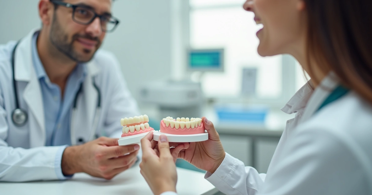 Dentista mostrando modelos de próteses dentárias em consultório moderno 