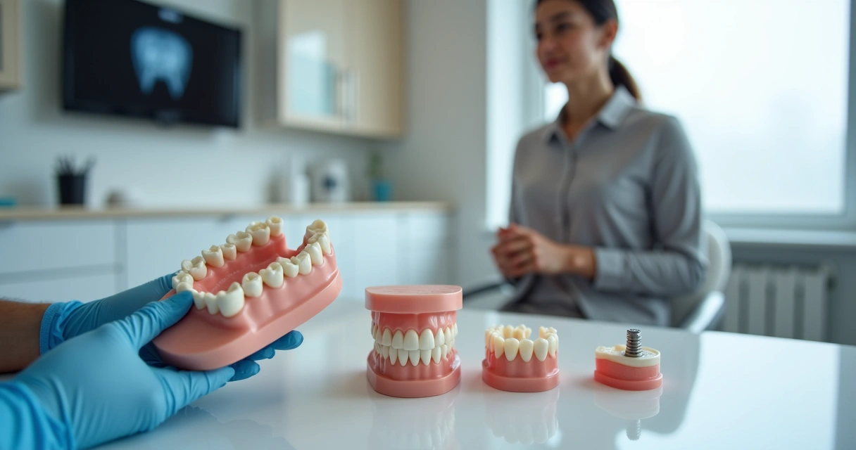 Dentista mostra diferentes próteses dentárias em modelo de boca para paciente 
