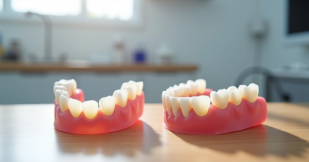 Próteses dentárias flexível e acrílica lado a lado na mesa odontológica 