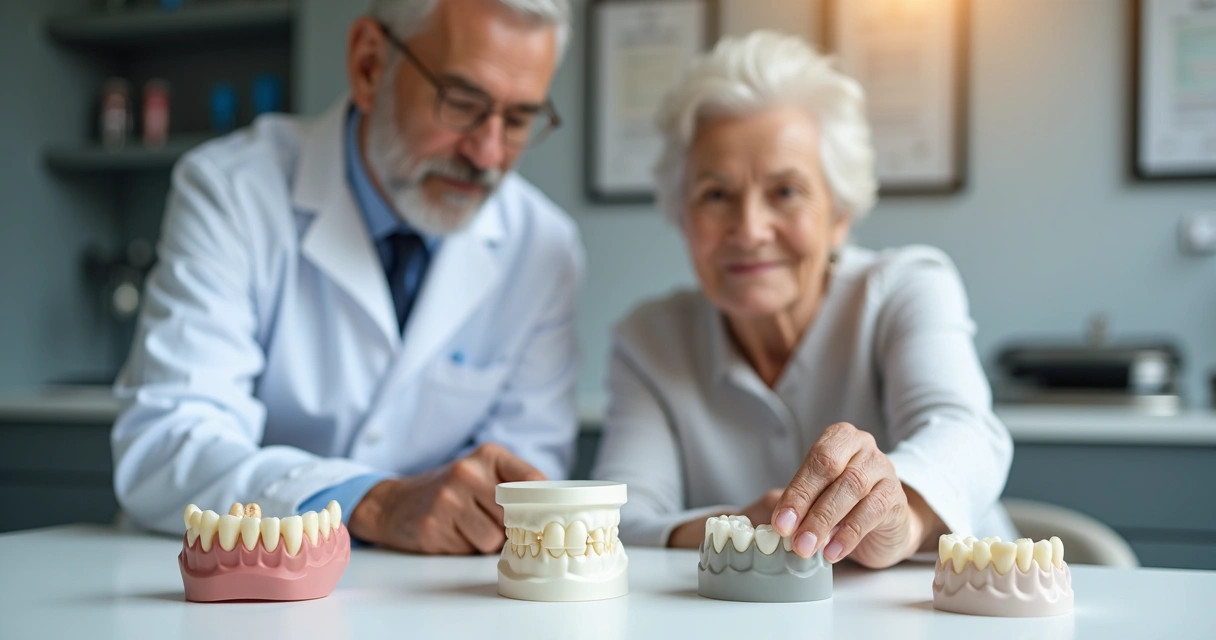 Dentista apresentando e comparando diferentes próteses dentárias sobre a mesa