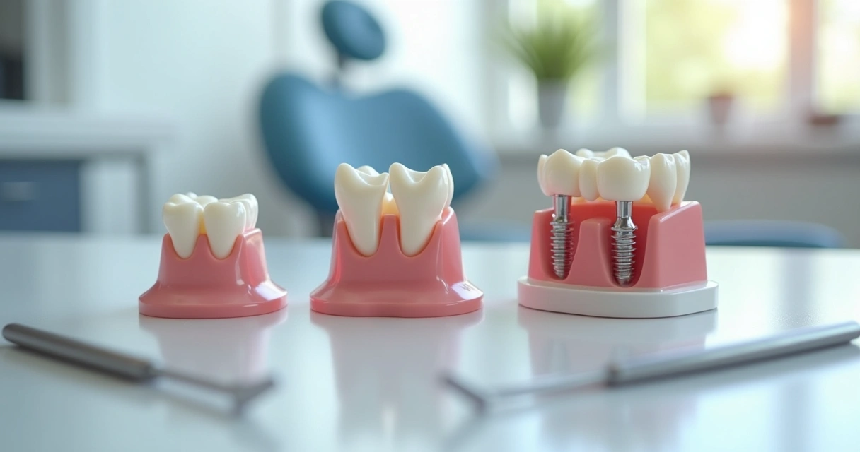 Três modelos de próteses sobre uma mesa de consultório dental 